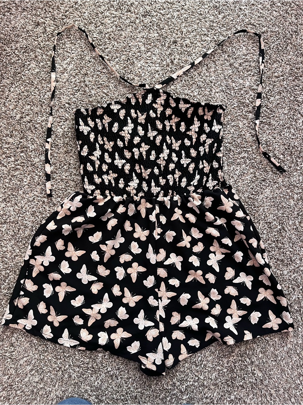 Lily Rose Black Romper with Light Pink Butterfly Print